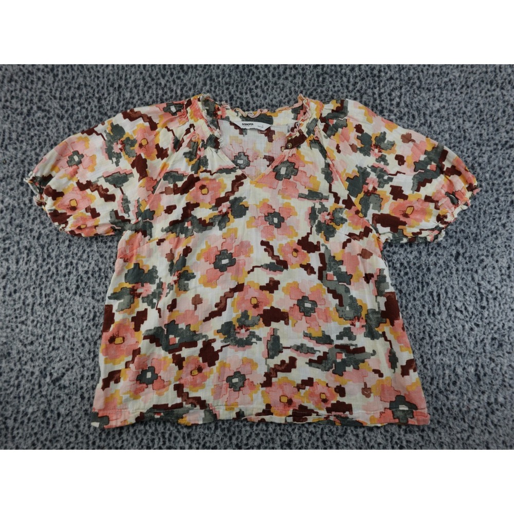 Sonoma Blouse Womens Large‎ Multicolor Excellent Floral Puff Sleeve V-Neck Top